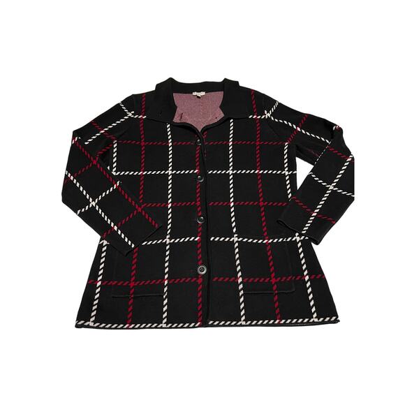 Talbots Plaid Red/Black/White Knit Sweater Jacket Women's Size M Career Tartan - Picture 1 of 6